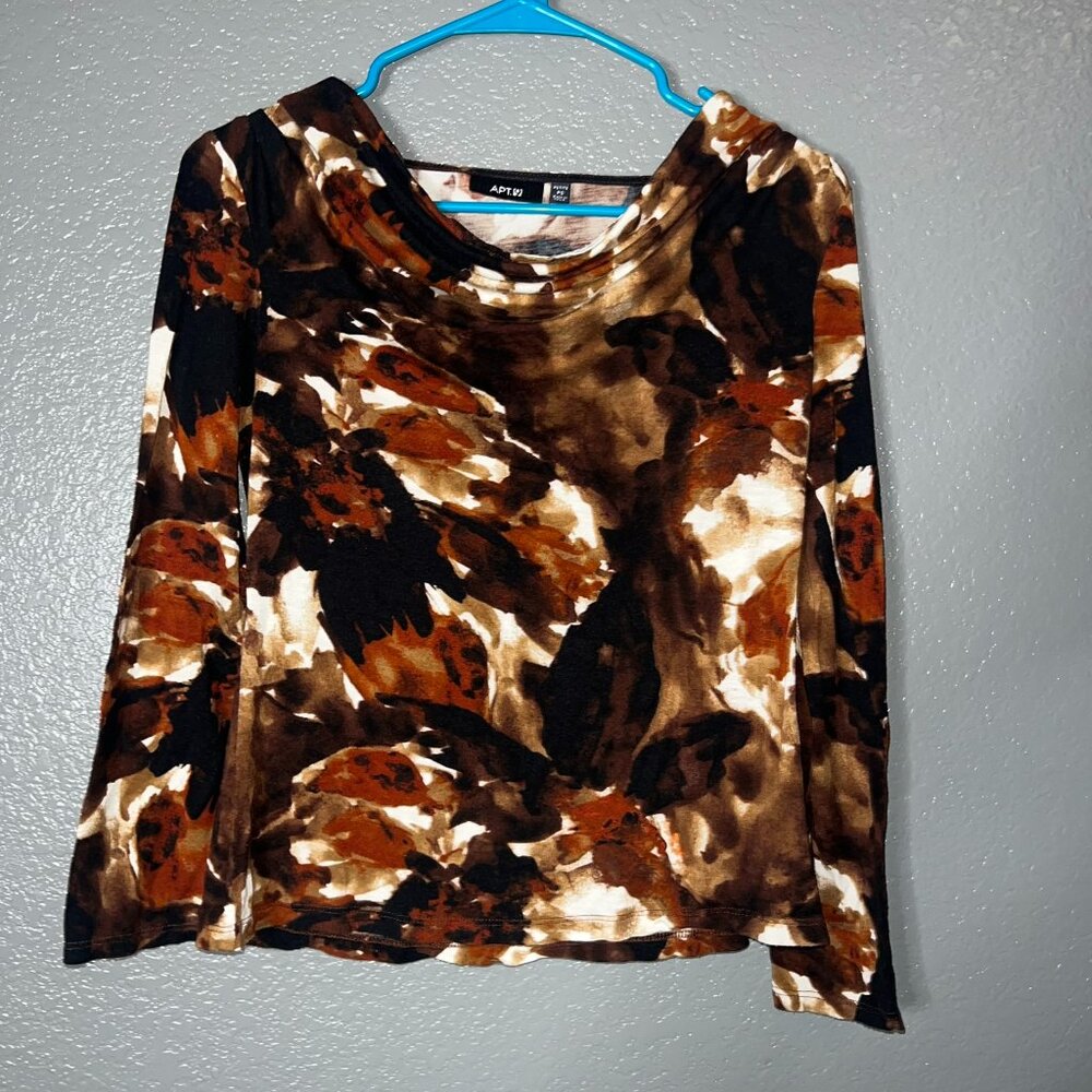 Apt. 9 Petite Small Brown Abstract Print Long Sleeve Cowl Neck Top PS